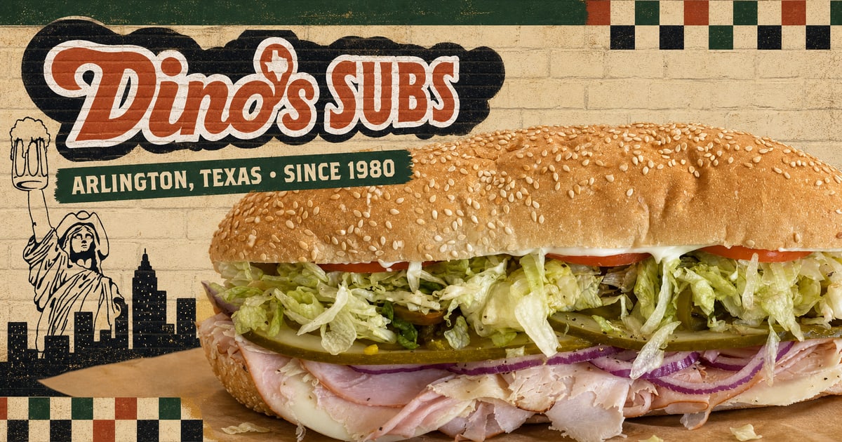 Dino’s Subs redesign preview combining the classic skyline mark, restaurant mural, and an official sandwich photograph